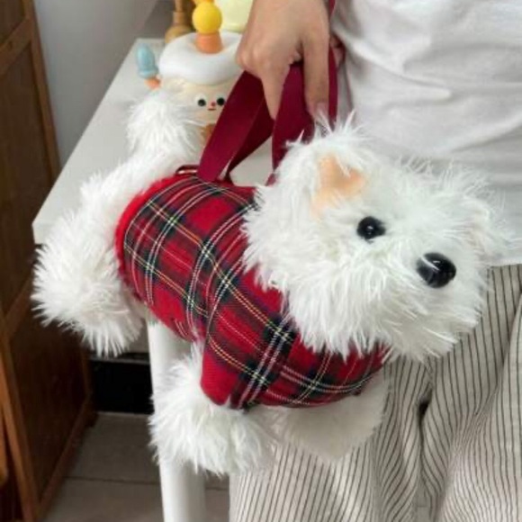 {NEW} Plaid Red and White Dog Plush Handbag - Picture 9 of 12